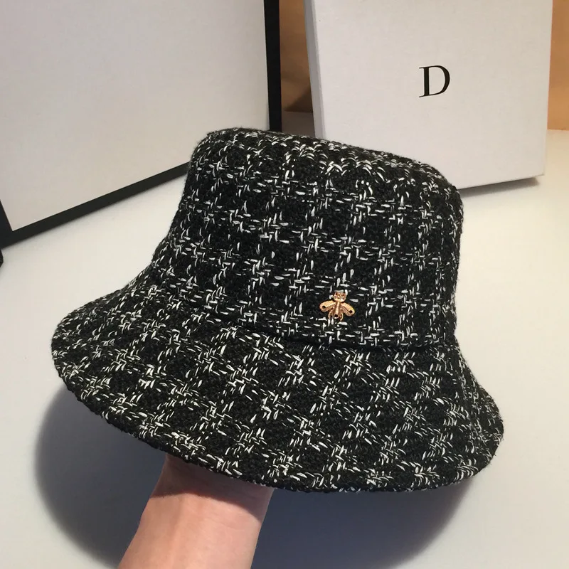 Women Bucket Hats Bee White Black Plaid Cotton Sun Hats for Ladies Designer Fishman BlackSummer Bucket Hats Winter White Hats