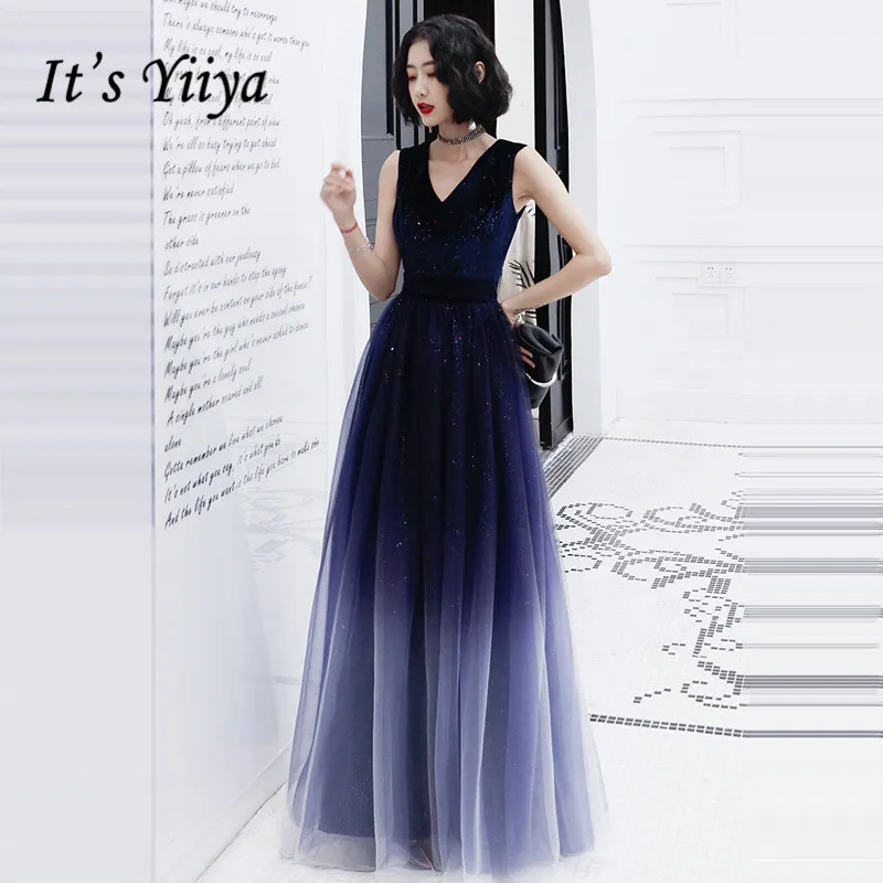 Это Yiiya вечерние платья с v-образным вырезом градиентное синее вечернее платье размера плюс вечерние платья Элегантное Длинное Платье LF080