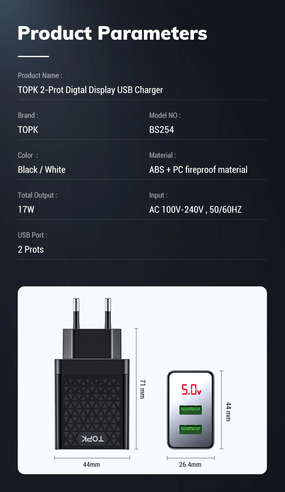 TOPK USB зарядное устройство 2 порта светодиодный цифровой дисплей смарт-зарядное устройство для мобильного телефона для iPhone samsung Xiaomi huawei настенный адаптер для путешествий