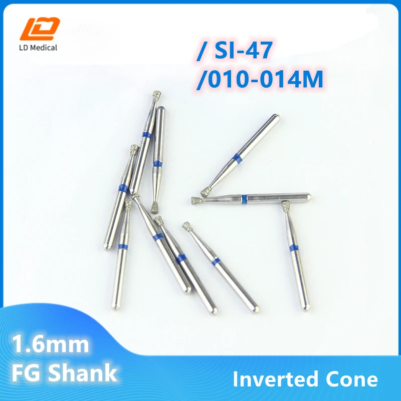 

10pcs/set Dental Diamond Burs 010-014M Inverted Cone SI-47 Blue Rings Medium Dentistry Grinding Tools 1.6mm Diameter FG Shank