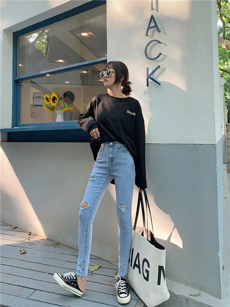 S-xl Осень корейский Винтажный стиль Узкие рваные джинсы весенние эластичные джинсы с высокой талией женские(Z8582