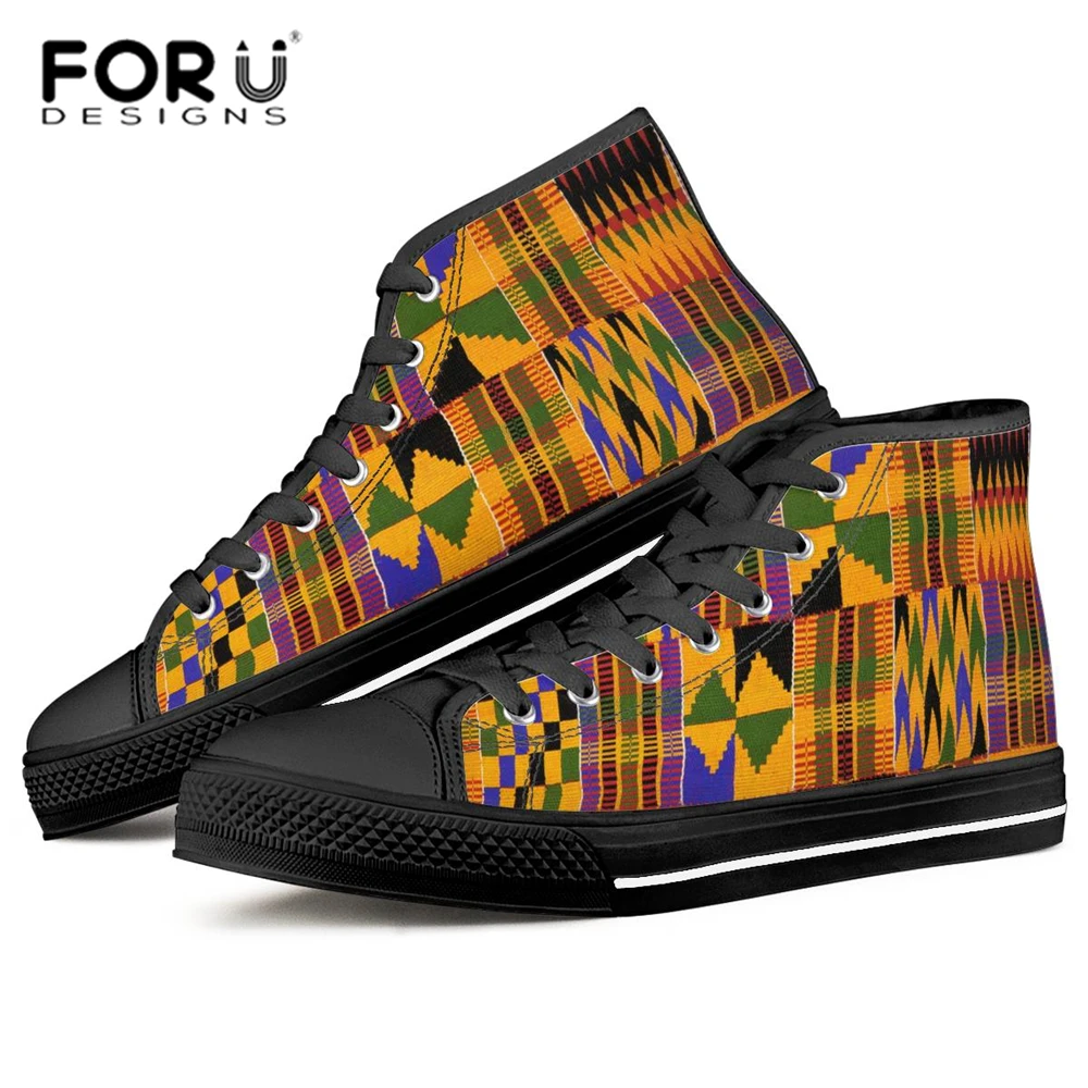 

FORUDESIGNS Dashiki African Style Women High Top Canvas Shoes Men Black Lace-up Flats Couple Fashion Vulcanize Shoes Size 35-48