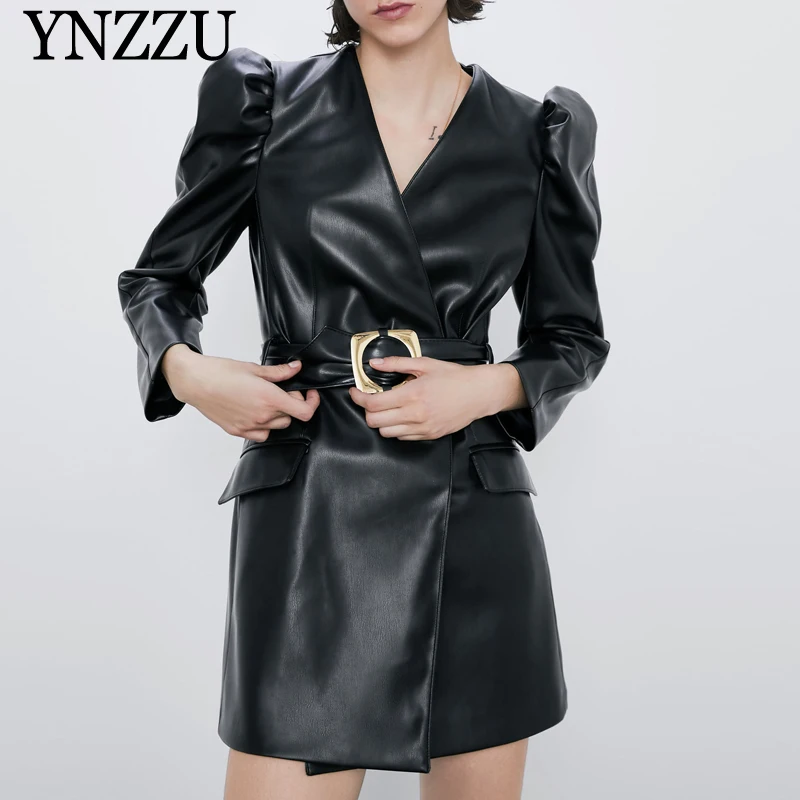 Elegant Women Blazer dress With belt Spring V-neck Office lady Black Female Faux Leather jacket Coat Fashion YNZZU 9O151