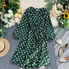 Осеннее женское платье в горошек с длинным рукавом, модное женское платье трапециевидной формы с длинным рукавом, женская одежда