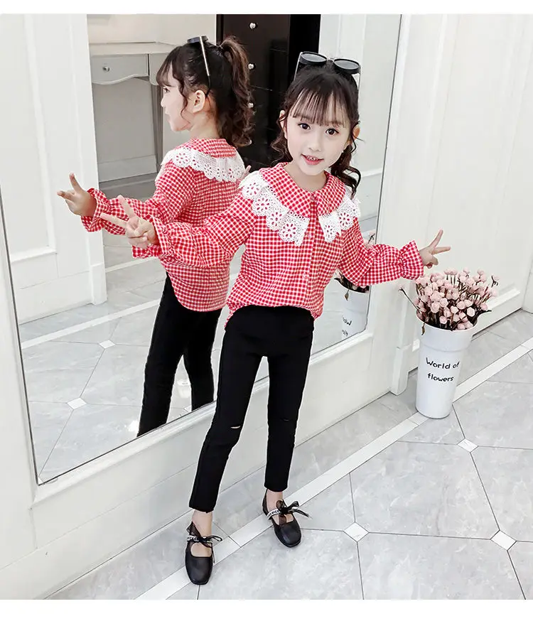 Корейская Школьная блузка для девочек дизайнерские детские блузки с длинными рукавами и кружевным воротником и рубашки для девочек, клетчатые топы для девочек