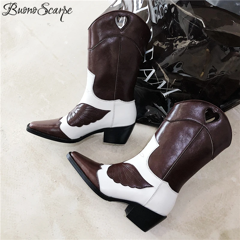 Buono Scarpe/женские ботинки до середины икры; ковбойские ботинки в стиле панк; женские мотоботы из натуральной кожи с квадратным носком; короткие ботинки; botas Mujer; Новинка