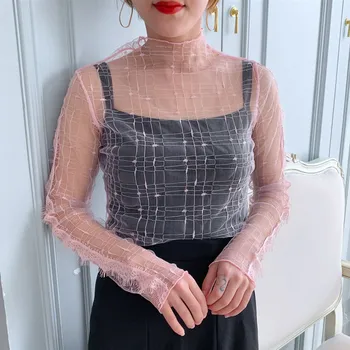 

Women Hollow Out Mesh Blouse Sexy Shirts Slim Turtleneck Blouse Tops