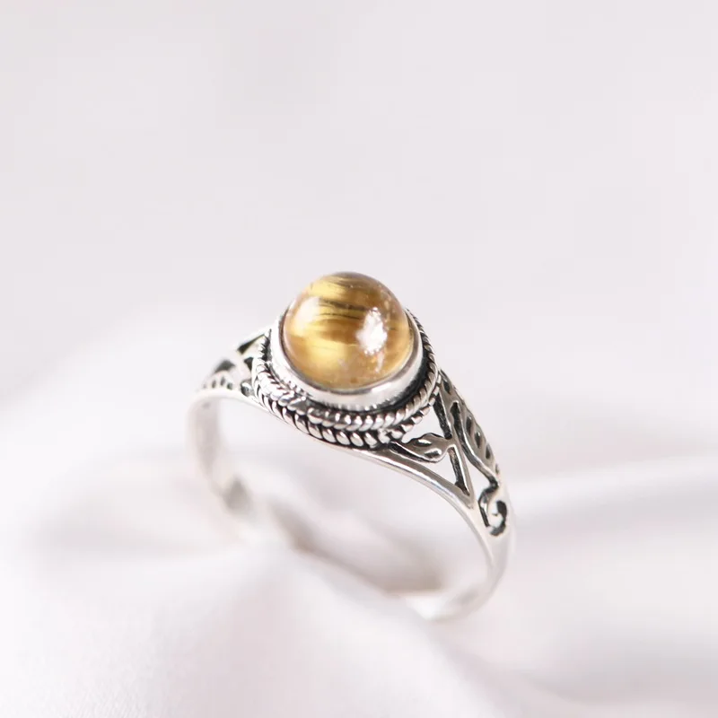 

JADE ANGEL 925 Sterling Silver Ring Retro Hollow Leaf Design Inlaid Natural With Citrine Jewelry Ring For Women