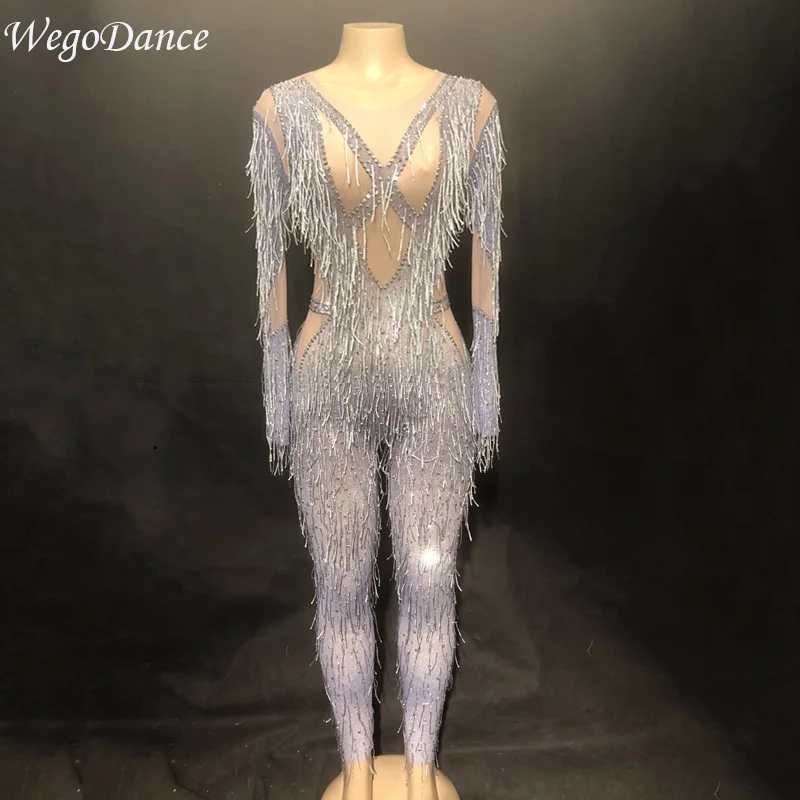 

new Mesh Bodysuit Stage Dance Wear Birthday Celebrate Stretch Costume Sexy Transparent Tassel Women Jumpsuit singer gogo clothes