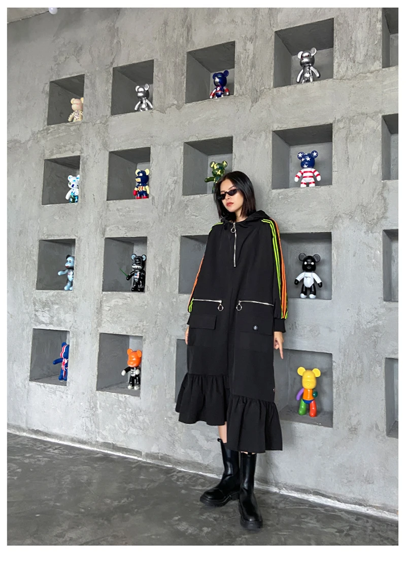 [EAM] Women Black Striped Ruffles Long Big Size Long Dress New Hooded Long Sleeve Loose Fit Fashion Spring Autumn 2020 1DA229