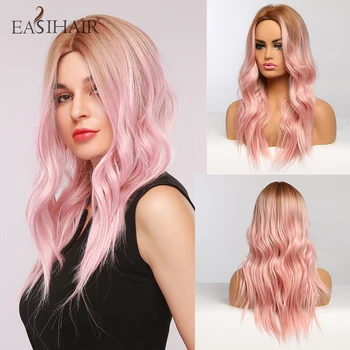 

EASIHAIR Brown to Pink Ombre Wavy Wigs Medium Women Natural Hair Synthetic Wigs Middle Part Cosplay Party Wigs Heat Resistant