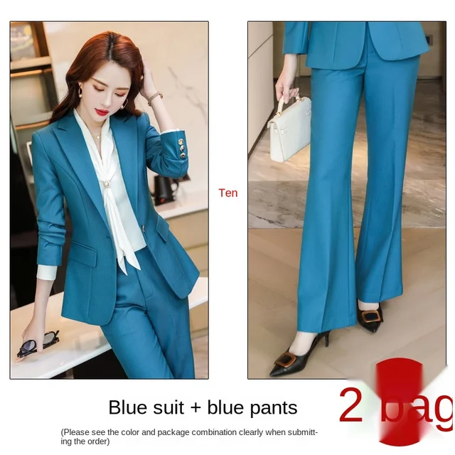 2021 New Year High-quality Professional Wear Plus Size Women's Casual Office Long-sleeved Suit High-waist Trousers 2-piece Set Blue