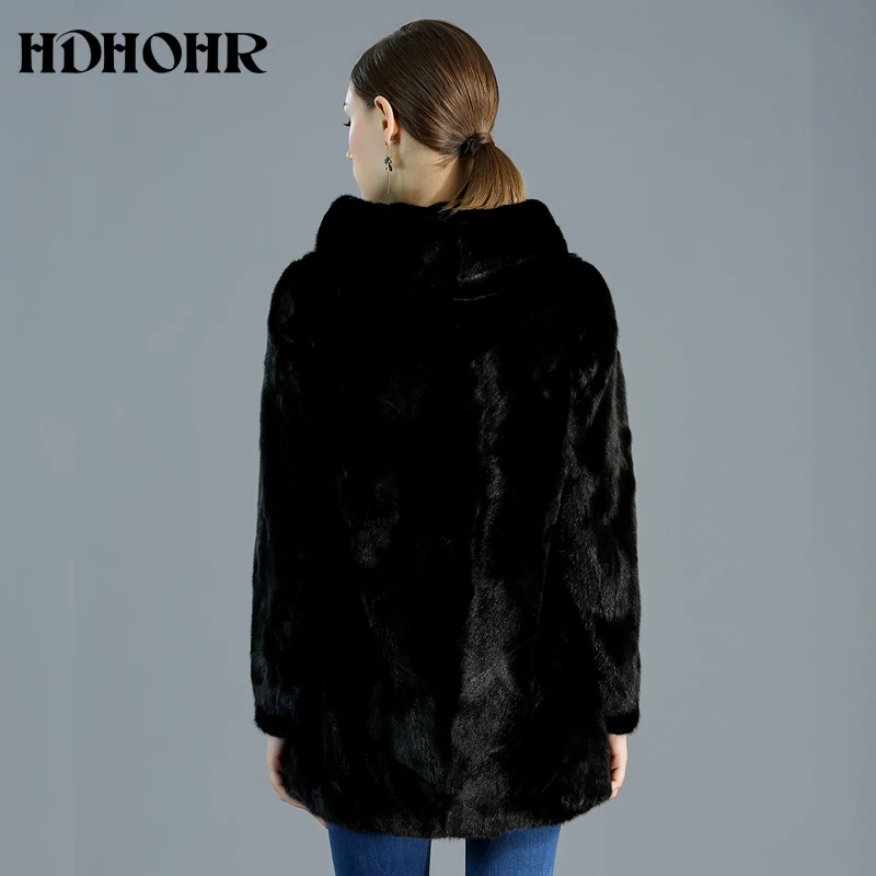 HDHOHR Высококачественная шуба из натурального меха норки Женское пальто с капюшоном из натурального меха норки теплые модные толстые куртки из меха норки зимние