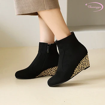 

Street style round toe flock ankle boots dots zipper blue apricot red high-heeled wedges motorcycle boots women's shoes big size