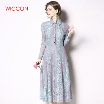 

2020 Autumn Fashion Women Casual Long Dress New Hollow Out Lace Big Swing Luxury Elegant Ladies Party Dresses