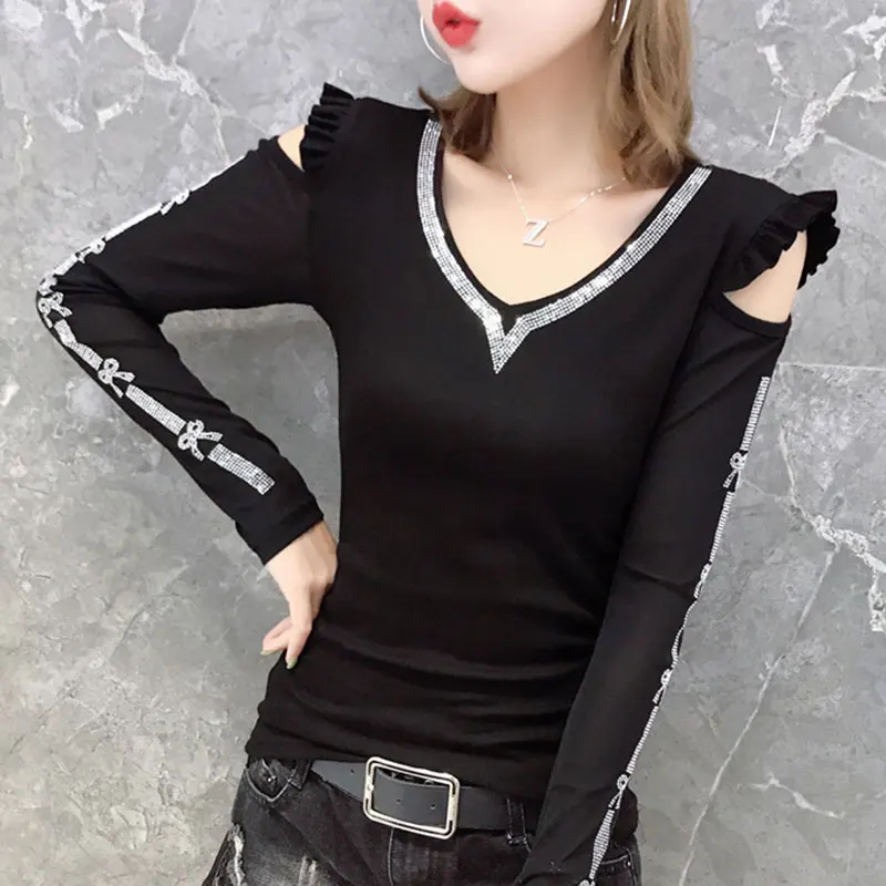 

Футболка женская с открытыми плечами, пикантный хлопковый топ с вырезами на спине, с надписью в Корейском стиле, Осень-зима