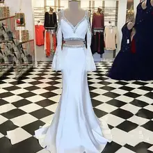 

White Two Piece Prom Dress Off The Shoulder Mermaid Evening Dresses With Crystals Long Sleeves vestido de fiesta 2020