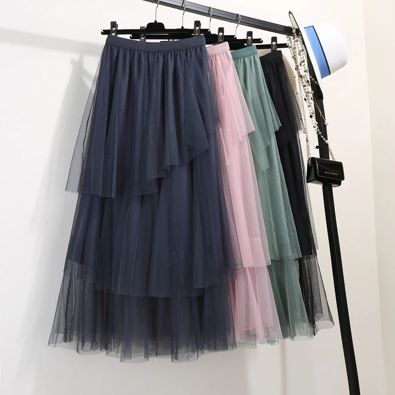 Женская Асимметричная фатиновая юбка, модная эластичная юбка-пачка с высокой талией, Юбка-миди, Saias Faldas Jupe Femmle