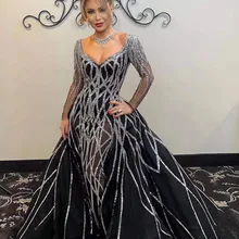 

Luxury Shiny New Evening Dresses Sequined Beading V-Neck Long Sleeve Backless Formal Party Prom Gowns Robes De Soirée