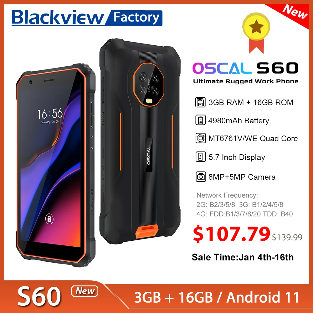 Blackview Oscal S60 IP68 Smartphone 3GB 16GB 4980mAh Battery Mobile Phone 5.7'' HD+ Display Android 11 4G Cellphones top cell phone for gaming