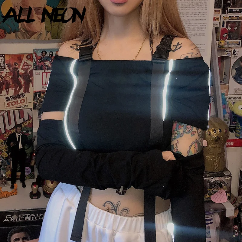 

ALLNeon Holographic T-shirts Open Shoulder with Belts Shorts Sleeve Cropped Chic E Girl Style Black Tops Fashion Women's Shirts