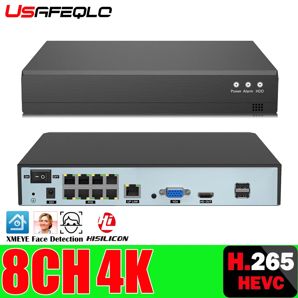 Grabadora de vídeo de red para vigilancia, dispositivo de detección facial H.265, 8 canales x 4K, 4 canales/8 canales, PoE, NVR PoE de 4/8 canales para cámara IP de 8MP y 5MP, ONVIF