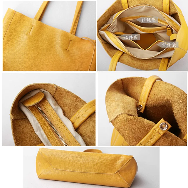 Women Luxury Bag Casual Tote Female Lemon Yellow Fashion Shoulder Handbag Lady Cowhide Genuine Leather Shoulder Shopping Bag 5