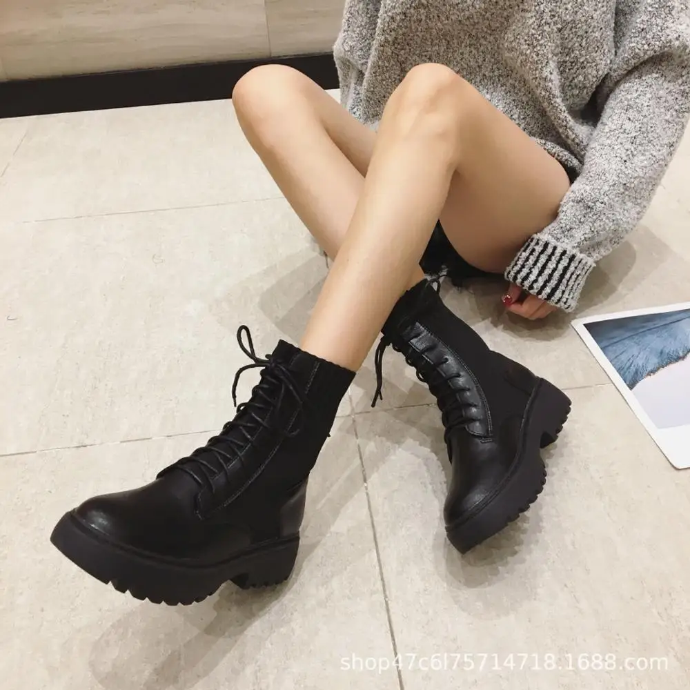 Bootee/ г. Женские ботинки на шнуровке женская низкая обувь женские ботинки с круглым носком, сабо на платформе, до середины икры, на резиновой подошве средней высоты, черного цвета, Roc