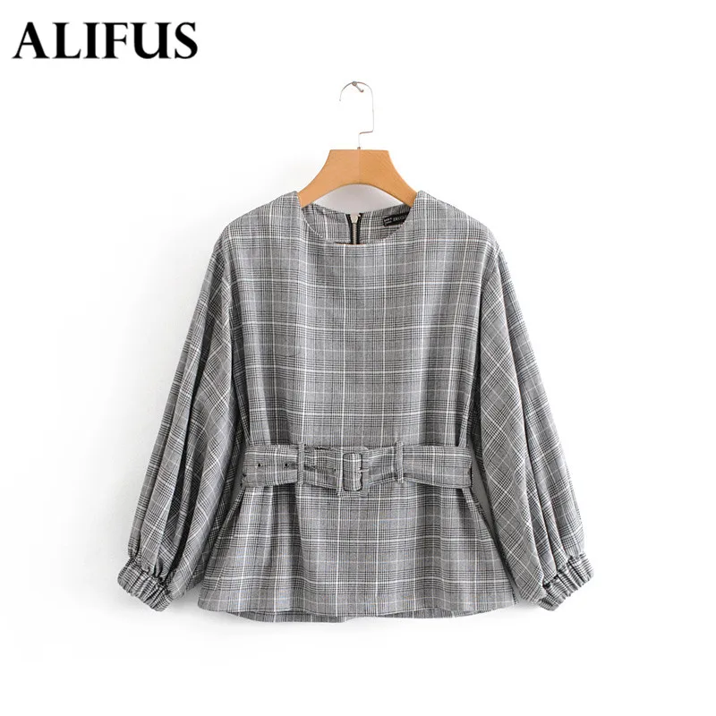 

Fashion Za Female Autumn Gray Plaid T-shirt Waist Sashes Shirts O Collar Lantern Sleeve Office Femme Chic Tops Camisas