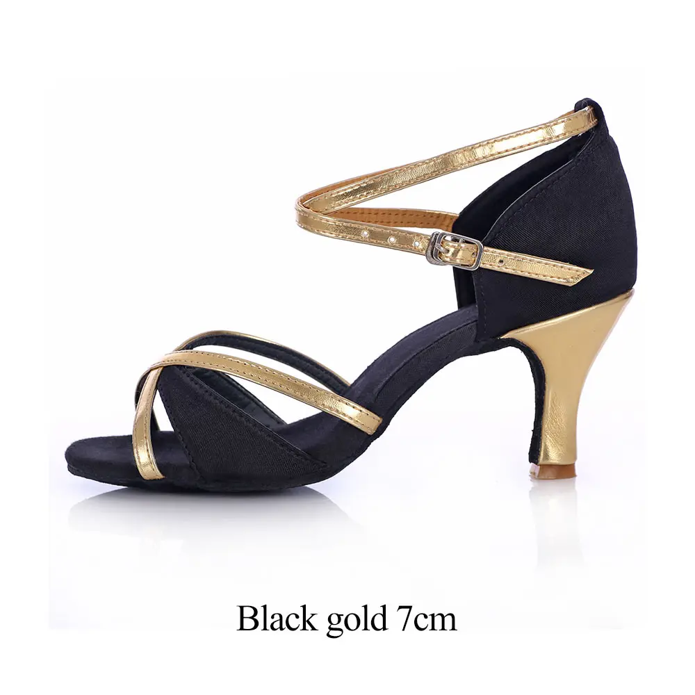 Black 7cm heel Женская танцевальная обувь для бальных танцев, женская танцевальная обувь для латинских танцев, сальсы, золотого цвета, 5 см/7 см, обувь для латинских танцев, женские сандалии, размеры 34-41 - Цвет: Black 7cm heel