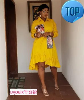 

Fashion Spring Autumn Yellow Print Pleated Dress Casual Cute Women Beading Shirt Dresses Long Sleeve Plus Size Vestidos