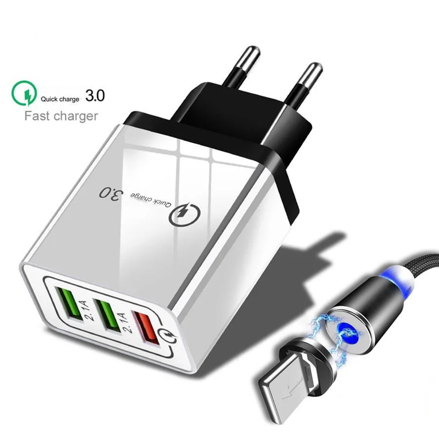 

3 USB Charger quick charger 3.0 QC 3.0 Fast Charging for iPhone 6 6s 7 8 Plus X XR XS Max Wall Charger 1m Magnetic Charges Cable