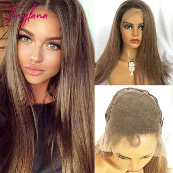 

TINY LANA Lace Front Hair Long Silky Brown Straight Synthetic Wig Natural Glueless Side Part Heat Resistant For Women America