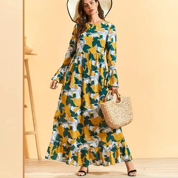 

[EWQ] 2020 Spring Summer New Arrivals O-neck Long Flare Sleeve High Waist Print Ruffles Women Casual Fashion Pleated Dress AW317