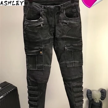 

Men Fashion Streetwear Jeans Black Color Spliced Designer High Quality Hip Hop Denim Cargo Pants Big Size 29-42 Biker Jeans Men