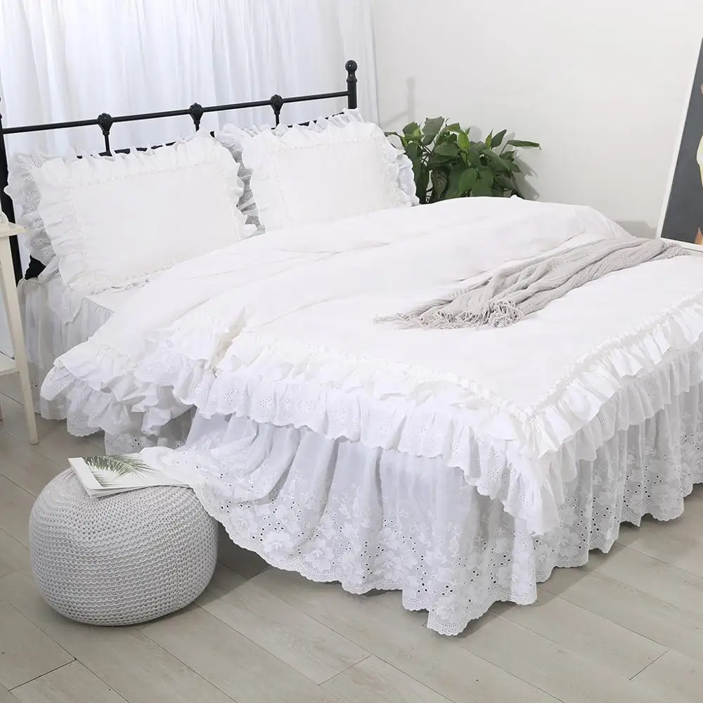 

Free shipping Korean princess ruffles white embroidered lining bedding twin full queen king size постельное белье с рюшами YYX