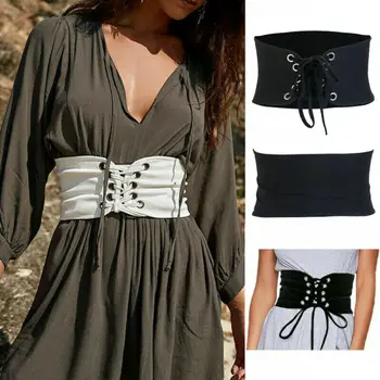 

Fashion Womens Wide Waist Belt Vintage Metal Flower Elastic Stretch Buckle Waistband 2020 Hot Sale Lace Bandage Black Waist Belt