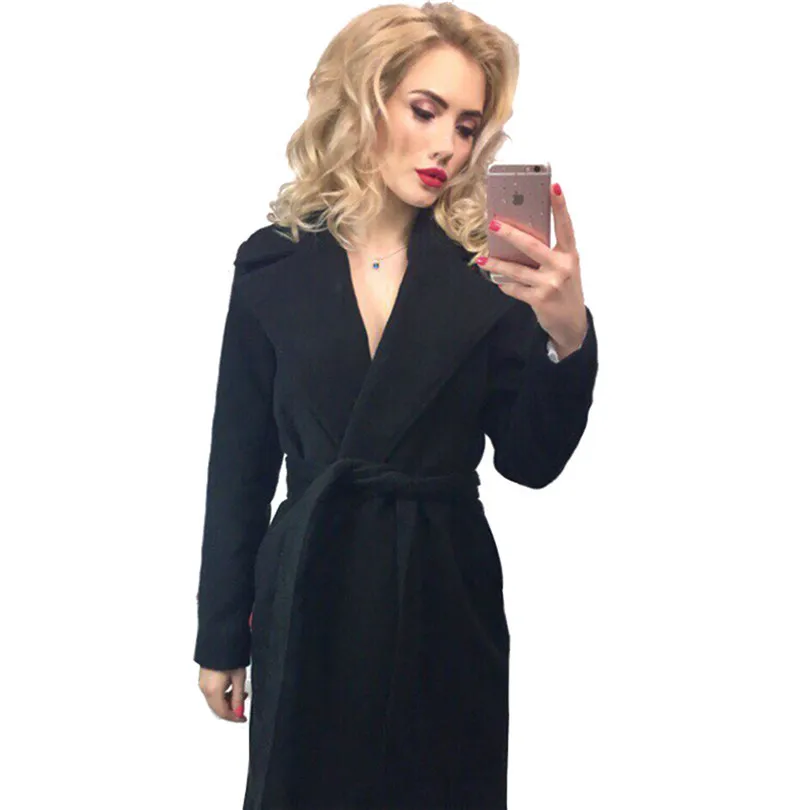 

elegant Long Women's coat lapel 2 pockets belted Jackets solid color coats Female Outerwear