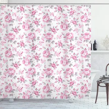 

Shabby Flora Shower Curtain, Pink Roses with Grey Leaves Garden Bedding Plants Spring Blossoms, Cloth Fabric Bathroom Decor Set