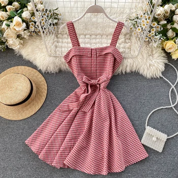 

2020 Spring Summer New Korean Plaid Sleeveless High Waist Thin A-line Mini Dress Women Sexy Vestidos L014