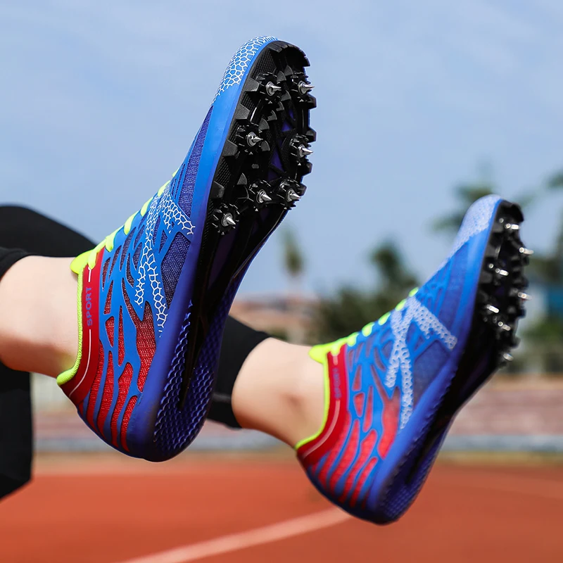 Men Women Boys Girls Track and Field Shoes Mesh Breathable Athletics Spike Shoes Black Blue Racing Sneakers Lightweight Trainers