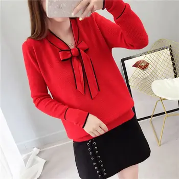 

Autumn Women Knitwear Solid Color Loose Sweater Bow Tie Long Sleeve Ladies Pullover Sweater