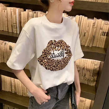 

Summer 2020 new Korean round neck lip leopard white half-sleeved T-shirt female ins loose T-shirt top