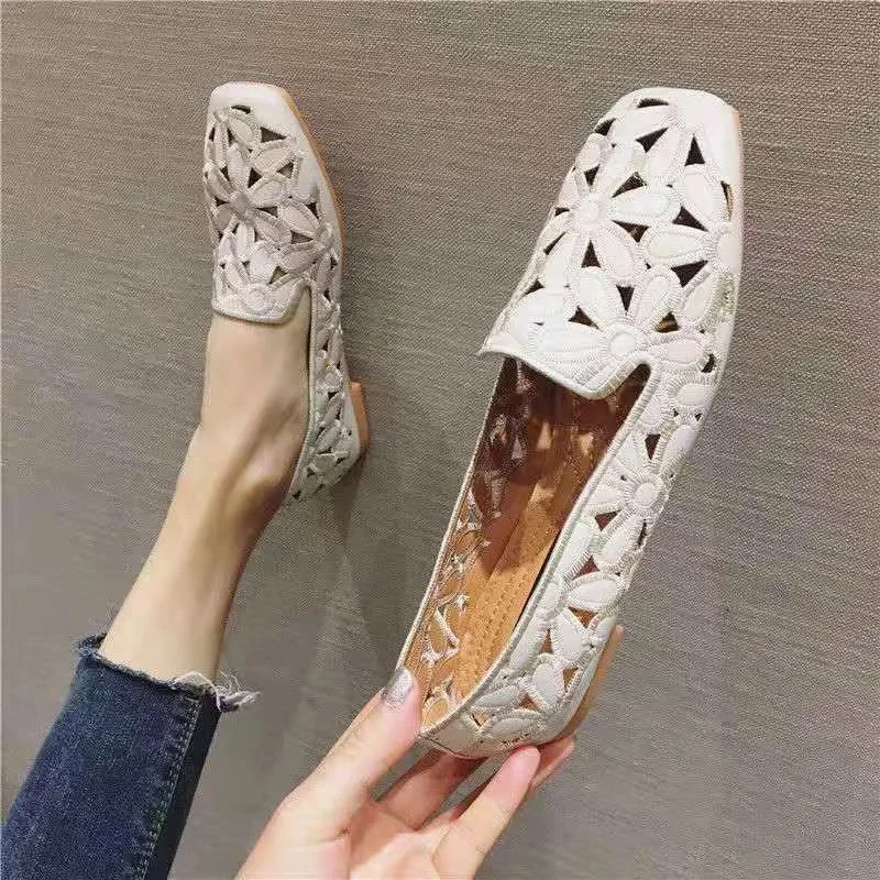 Top Quality Women's Hollow Ballet Flats Yellow Emboridery Designer Shoes for Women 2022 Summer Square Toe Soft Leather Moccasins tesco shoes women's flats	 Flats