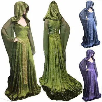 

2020 New European And American Style Halloween Cosplay Costume Vintage Loose Performance Patchwork Witch Long Sleeve Maxi Dress