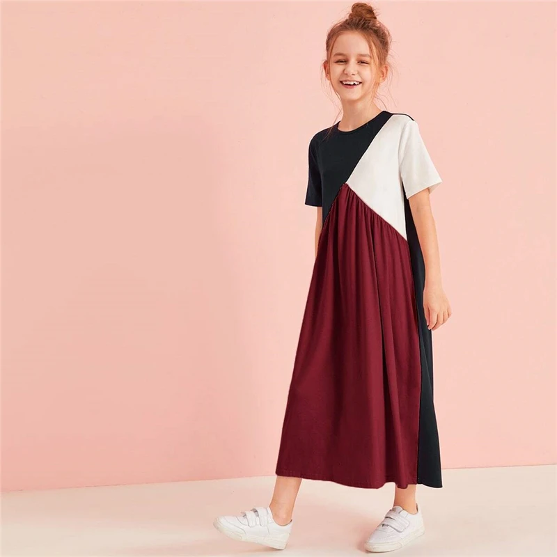 SHEIN/Детская Повседневная футболка разных цветов с вырезами и вышивкой; детская одежда; коллекция года; сезон осень; детские длинные платья с короткими рукавами и цветными блоками