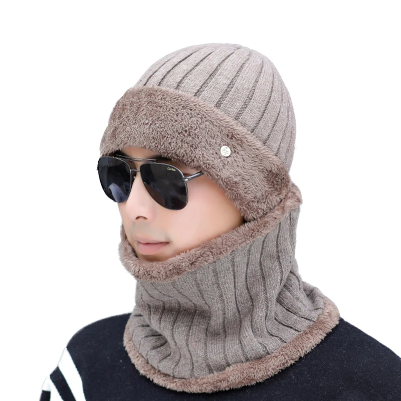 SUOGRY High Quality Winter Hats For Fashion Knitted Hat Scarf Warm Cap Thick Fur Hat Beanie Cashmere Wool Male Beanie