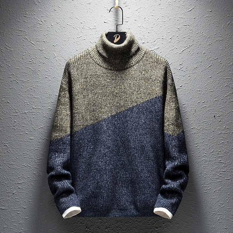 Winter Turtleneck Sweater Men Warm Fashion Contrast Casual Knit Sweter Clothes Man Streetwear Loose Long Sleeve Pullover Men