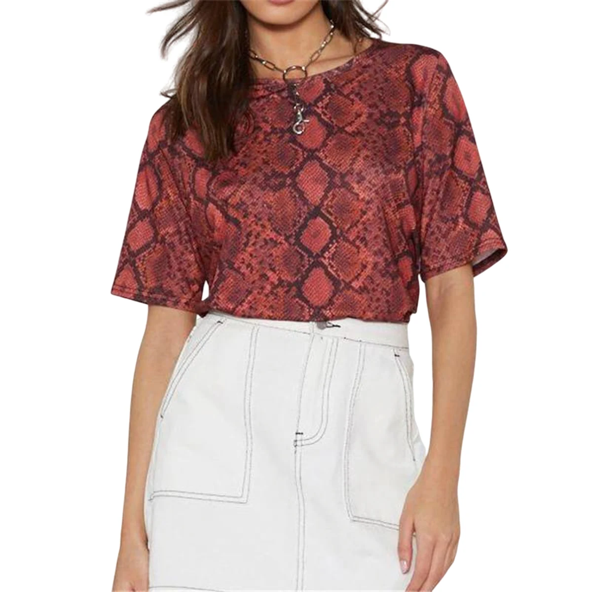

Girl Summer Loose Snake Pattern Printing Short Sleeve T-shirt Women Wild Round Neck Bottoming Shirt