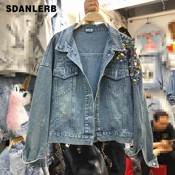 

2020 Spring and Autumn New Hand Studded Diamond Beaded Old Retro-Style Loose-Fit Cropped Denim Jacket Jean Coat Veste Femme